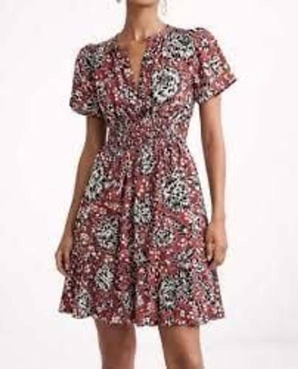 By Anthropologie Floral Dress Size S Red Smocked Mini Short Sleeve